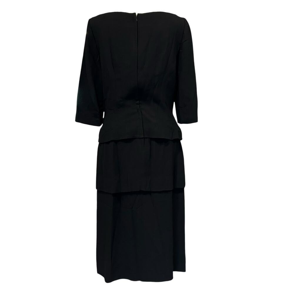 Vintage 60s Black Peplum Midi Dress Bateau Neck 3/4 Sleeve Size 8 - Picture 4 of 16